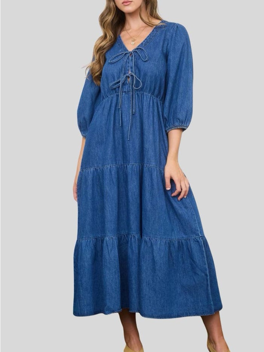 Blu Pepper Denim Maxi Dress in Blue with Tie Front